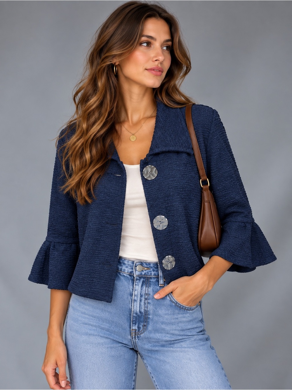 JM Collection Navy Textured Buttoned Jacket with Ruffle Sleeves
